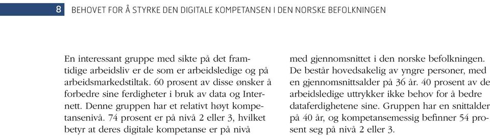 74 prosent er på nivå 2 eller 3, hvilket betyr at deres digitale kompetanse er på nivå med gjennomsnittet i den norske befolkningen.