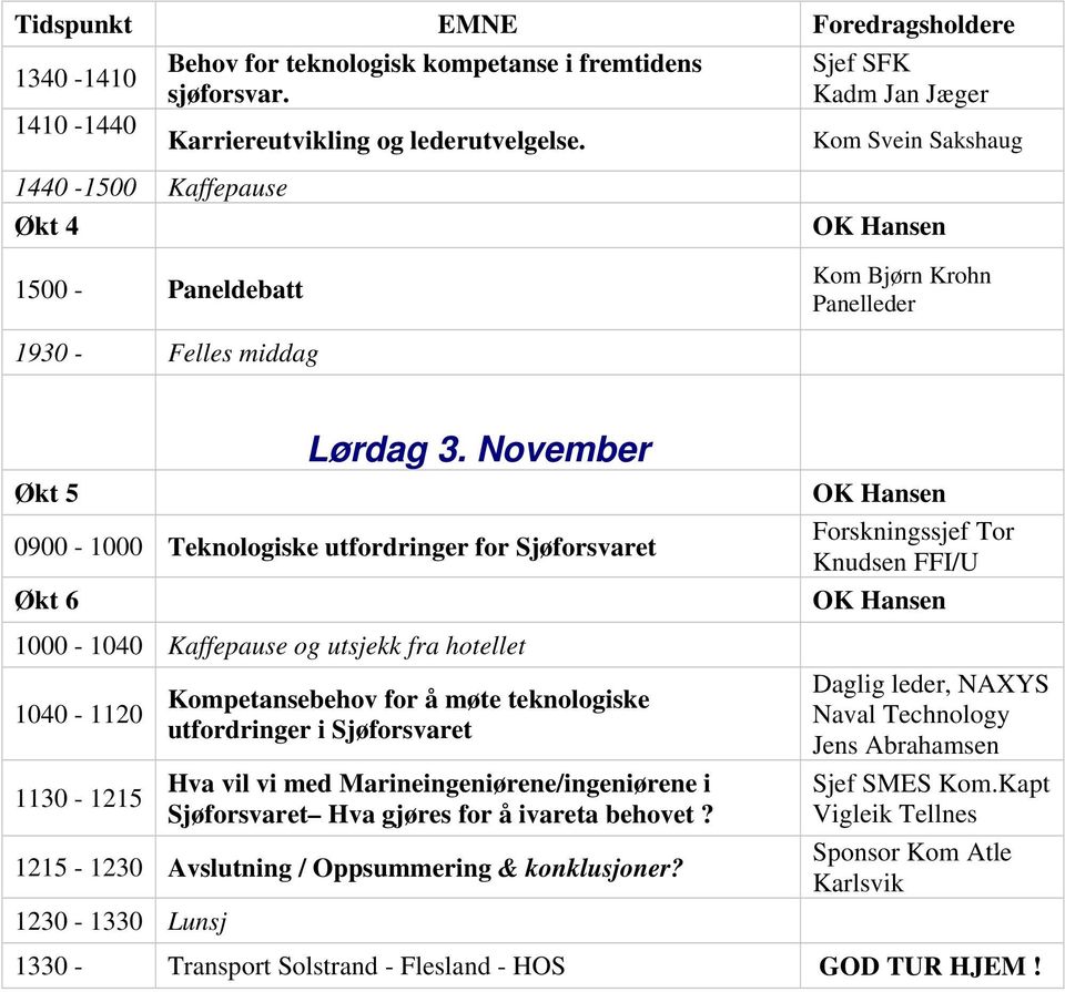 November 0900-1000 Teknologiske utfordringer for Sjøforsvaret Økt 6 1000-1040 Kaffepause og utsjekk fra hotellet 1040-1120 1130-1215 Kompetansebehov for å møte teknologiske utfordringer i