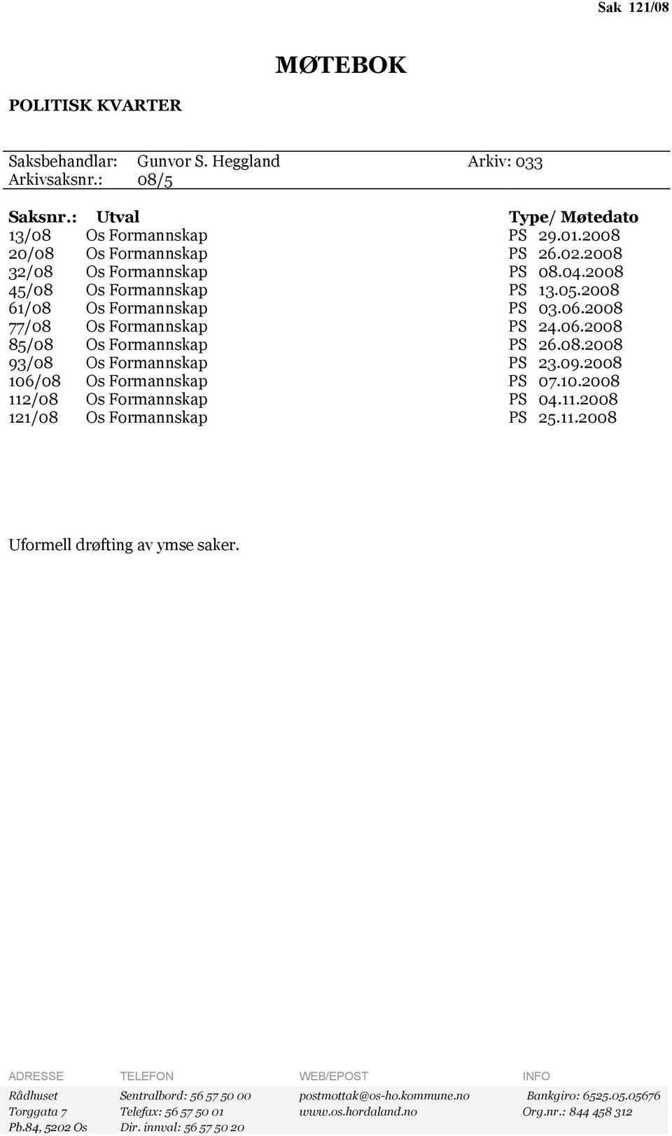 09.2008 106/08 Os Formannskap PS 07.10.2008 112/08 Os Formannskap PS 04.11.2008 121/08 Os Formannskap PS 25.11.2008 Uformell drøfting av ymse saker.
