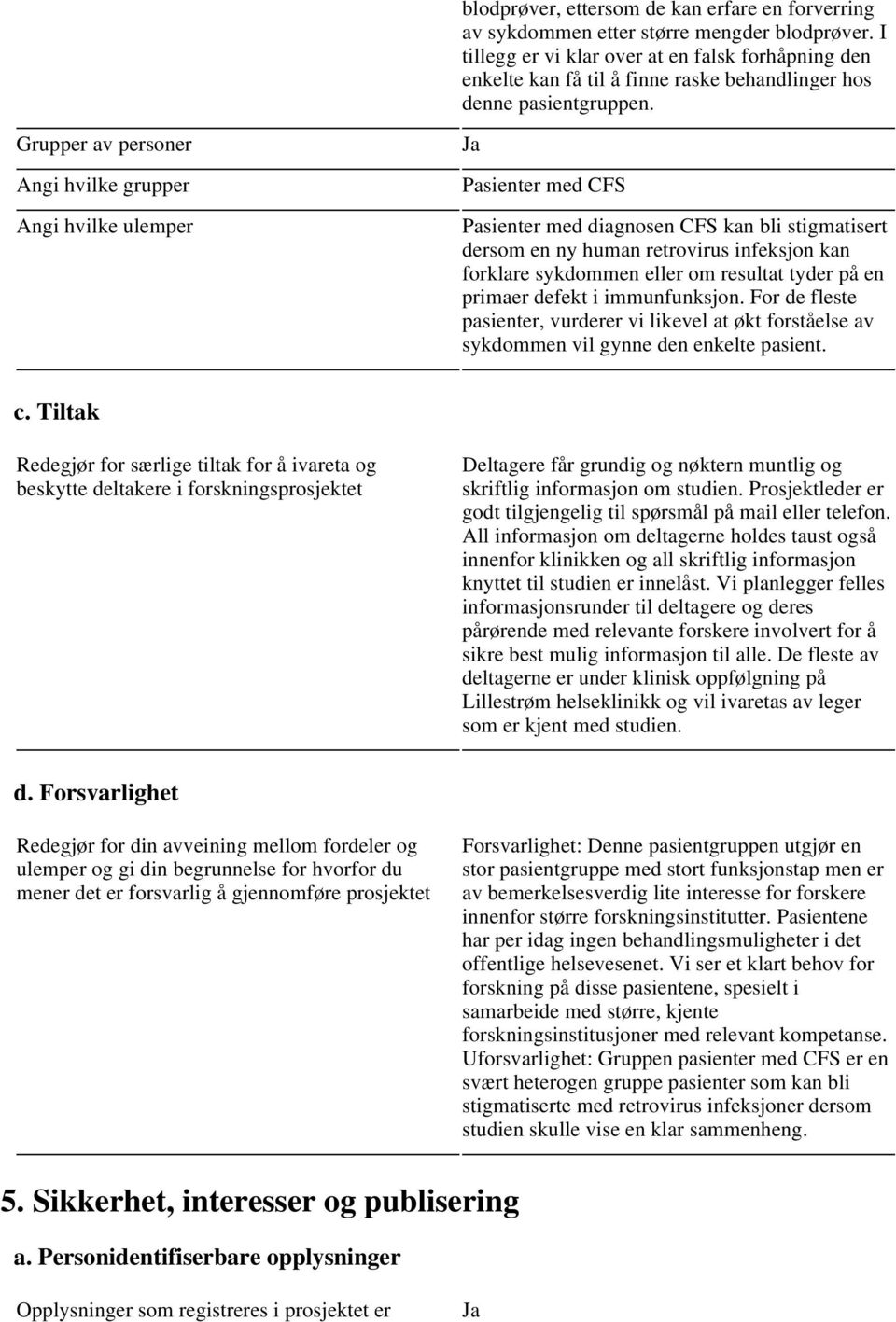 Grupper av personer Angi hvilke grupper Angi hvilke ulemper Pasienter med CFS Pasienter med diagnosen CFS kan bli stigmatisert dersom en ny human retrovirus infeksjon kan forklare sykdommen eller om