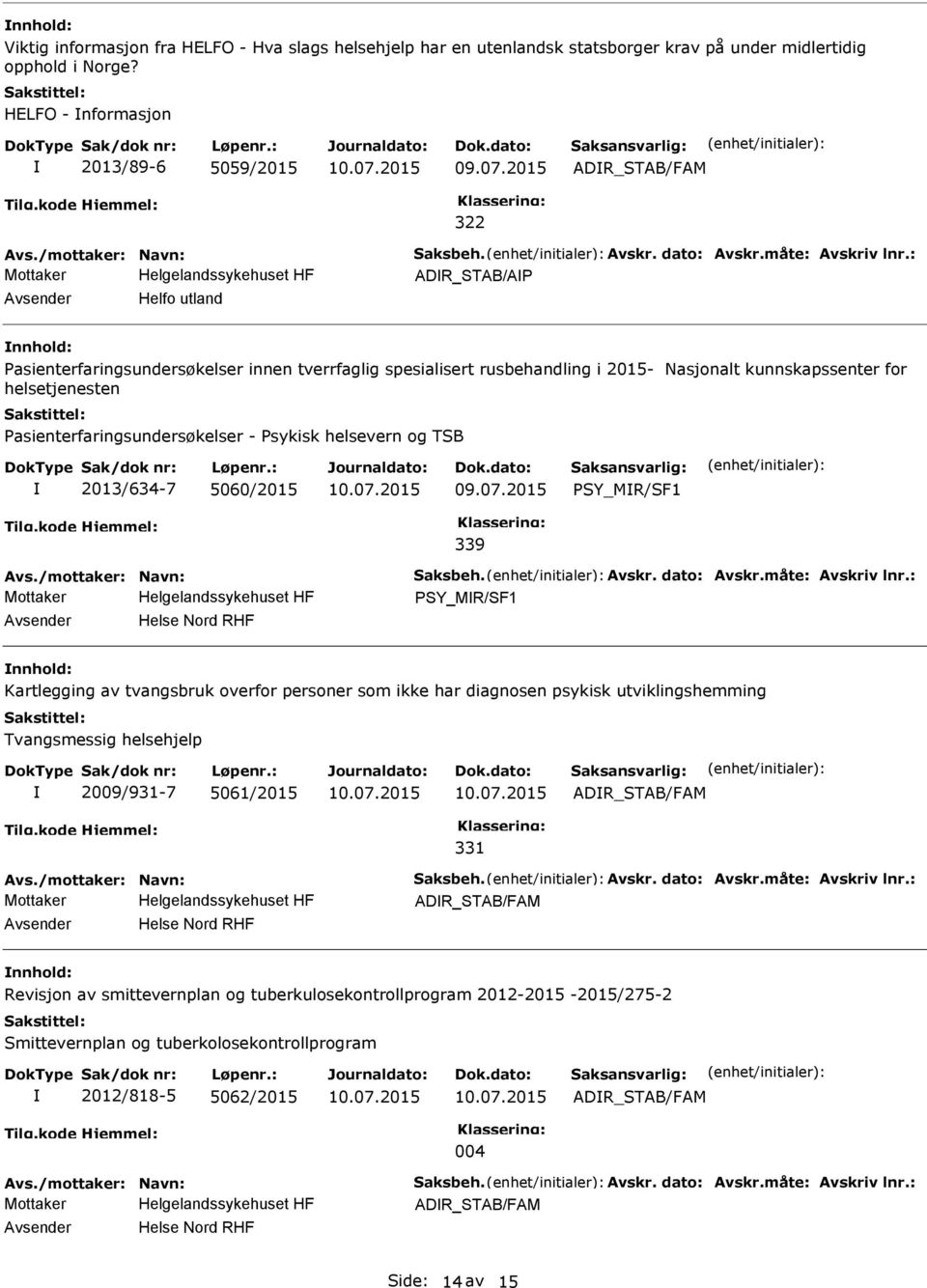 : ADR_STAB/A Helfo utland asienterfaringsundersøkelser innen tverrfaglig spesialisert rusbehandling i 2015- Nasjonalt kunnskapssenter for helsetjenesten asienterfaringsundersøkelser - sykisk