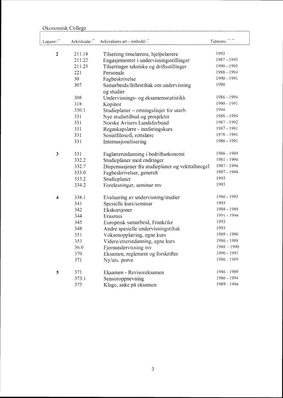 eksamensstatistikk 1986-1994 318 Kopinor 1990-1991 330.1 Studieplaner - retningslinjer for utarb.