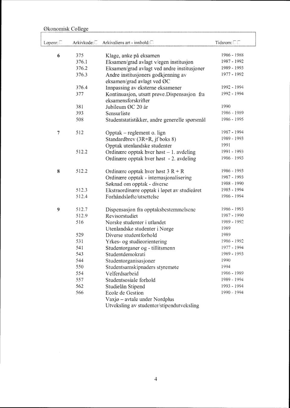 4 Innpassing av eksterne eksamener 1992-1994 377 Kontinuasjon, utsatt prøve.
