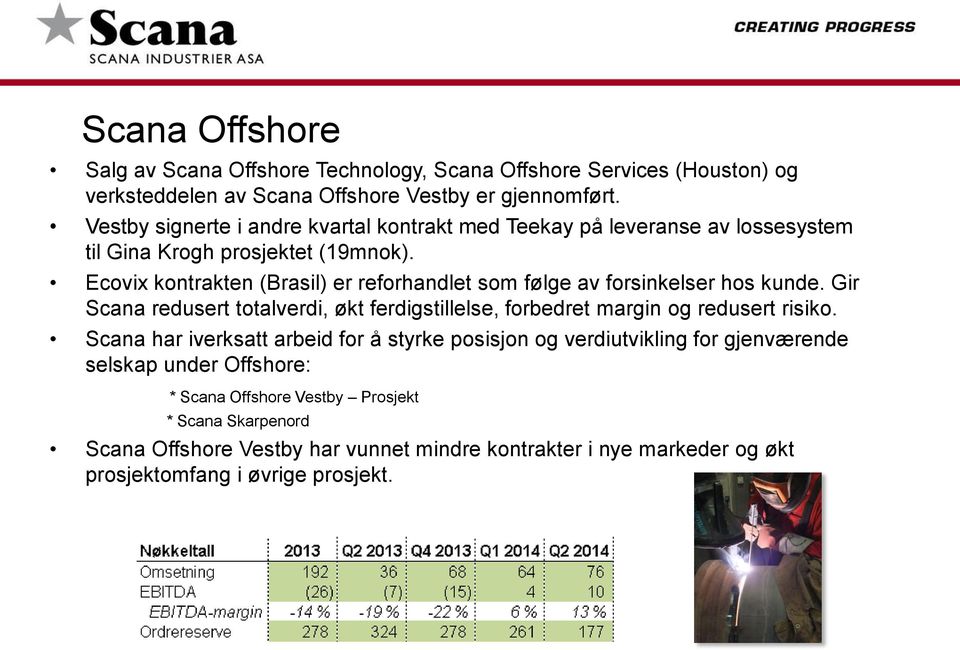 Ecovix kontrakten (Brasil) er reforhandlet som følge av forsinkelser hos kunde. Gir Scana redusert totalverdi, økt ferdigstillelse, forbedret margin og redusert risiko.