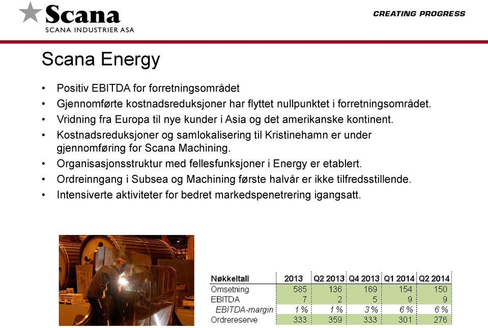 Kostnadsreduksjoner og samlokalisering til Kristinehamn er under gjennomføring for Scana Machining.