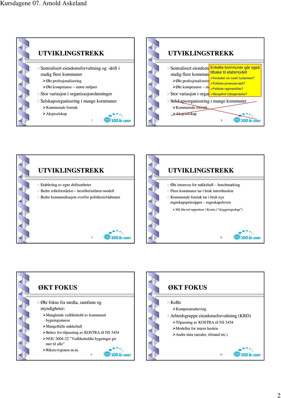 Økt profesjonalisering Politiske prosesser/spill? Økt kompetanse større miljøer Politiske regimeskifter? Stor variasjon i organisasjonsløsninger Mangelfull måloppnåelse?