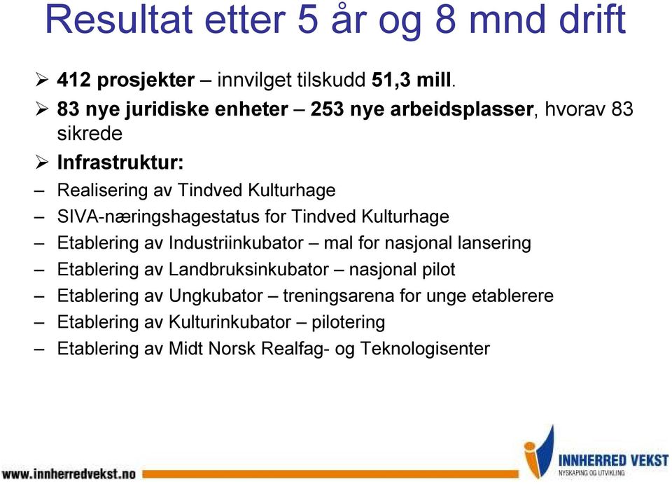 SIVA-næringshagestatus for Tindved Kulturhage Etablering av Industriinkubator mal for nasjonal lansering Etablering av