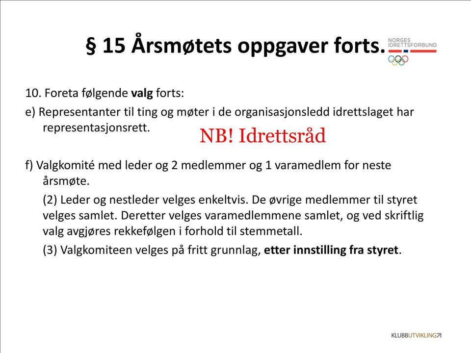 Idrettsråd f) Valgkomité med leder og 2 medlemmer og 1 varamedlem for neste årsmøte. (2) Leder og nestleder velges enkeltvis.