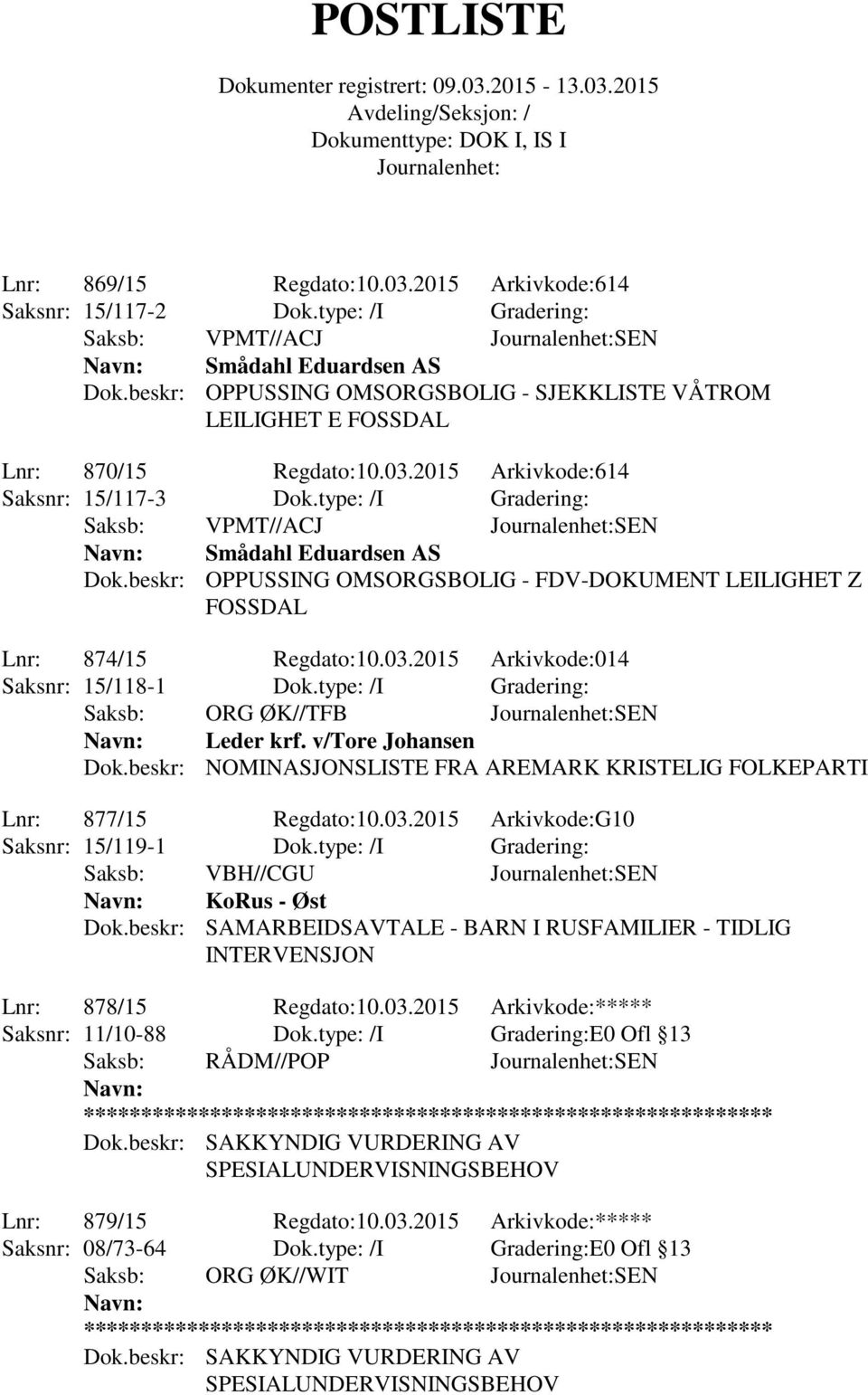 type: /I Gradering: Saksb: VPMT//ACJ SEN Smådahl Eduardsen AS Dok.beskr: OPPUSSING OMSORGSBOLIG - FDV-DOKUMENT LEILIGHET Z FOSSDAL Lnr: 874/15 Regdato:10.03.2015 Arkivkode:014 Saksnr: 15/118-1 Dok.