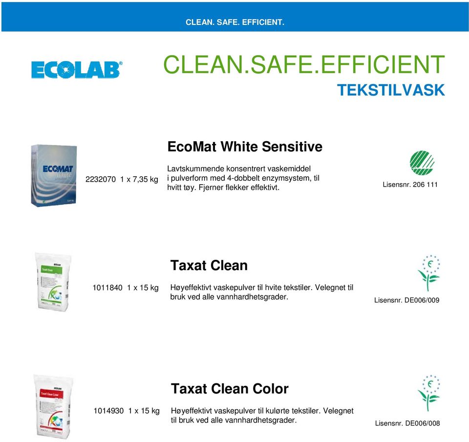 206 111 1011840 1 x 15 kg Taxat Clean Høyeffektivt vaskepulver til hvite tekstiler.
