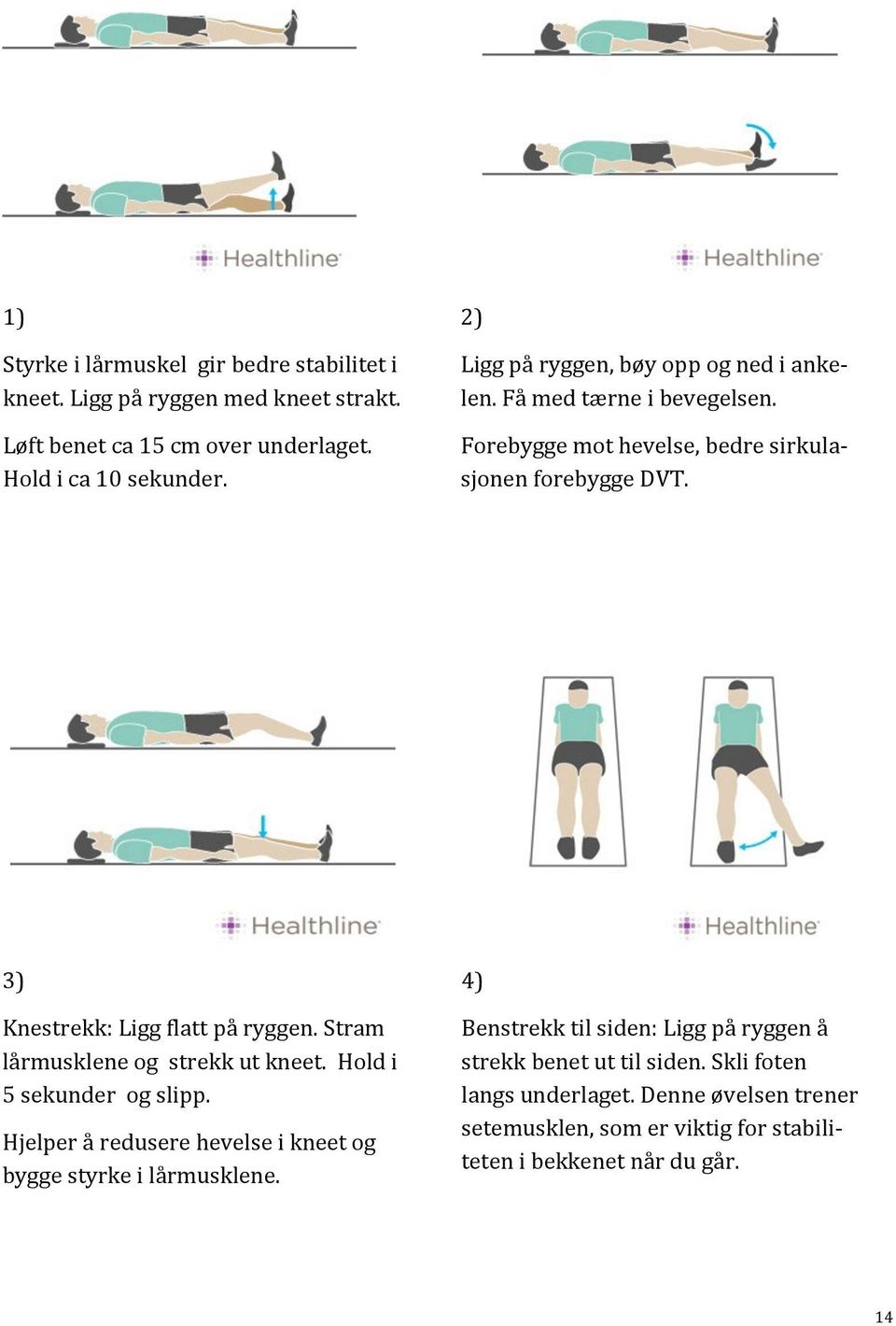 3) Knestrekk: Ligg flatt på ryggen. Stram lårmusklene og strekk ut kneet. Hold i 5 sekunder og slipp.