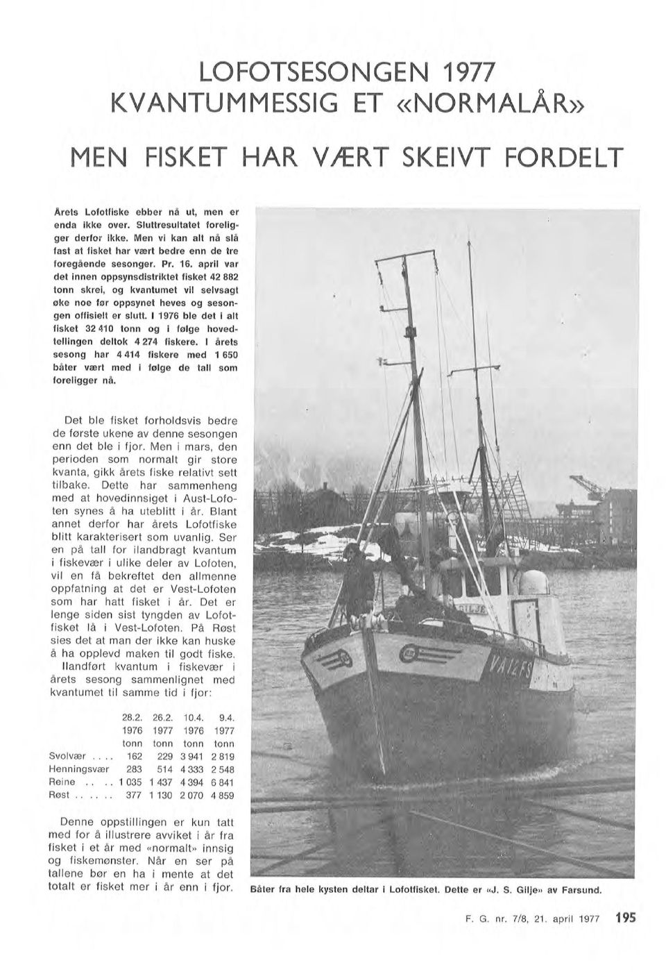 apri 1977 195 Denne oppstiingen er kun tatt med for å iustrere avviket i år fra fisket i et år med «normat» innsig og fiskemønster.