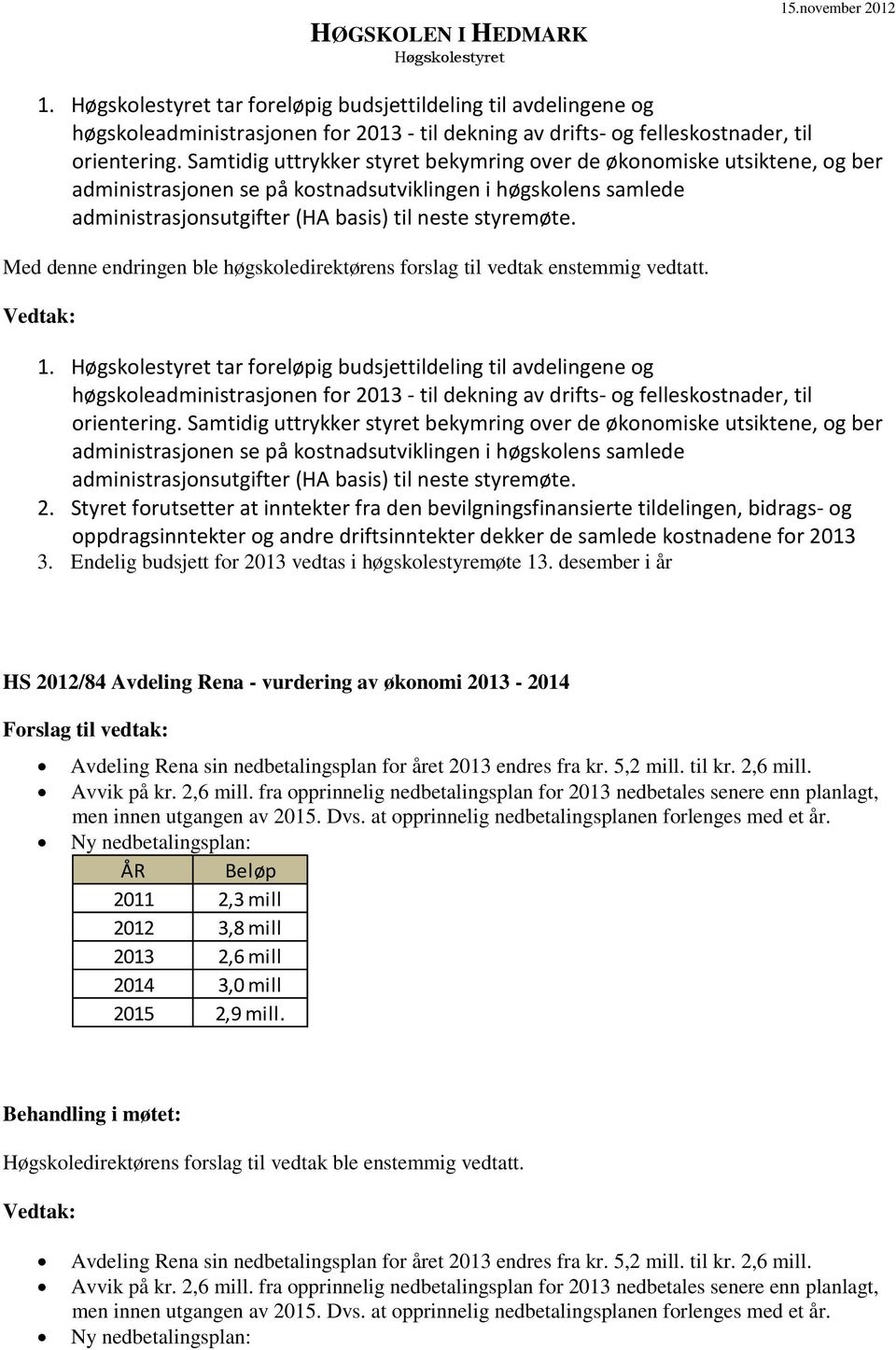 Med denne endringen ble høgskoledirektørens forslag til vedtak enstemmig vedtatt. 1.