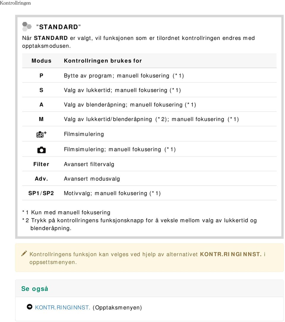 lukkertid/blenderåpning (*2); manuell fokusering (*1) Filmsimulering Filmsimulering; manuell fokusering (*1) Filter Adv.