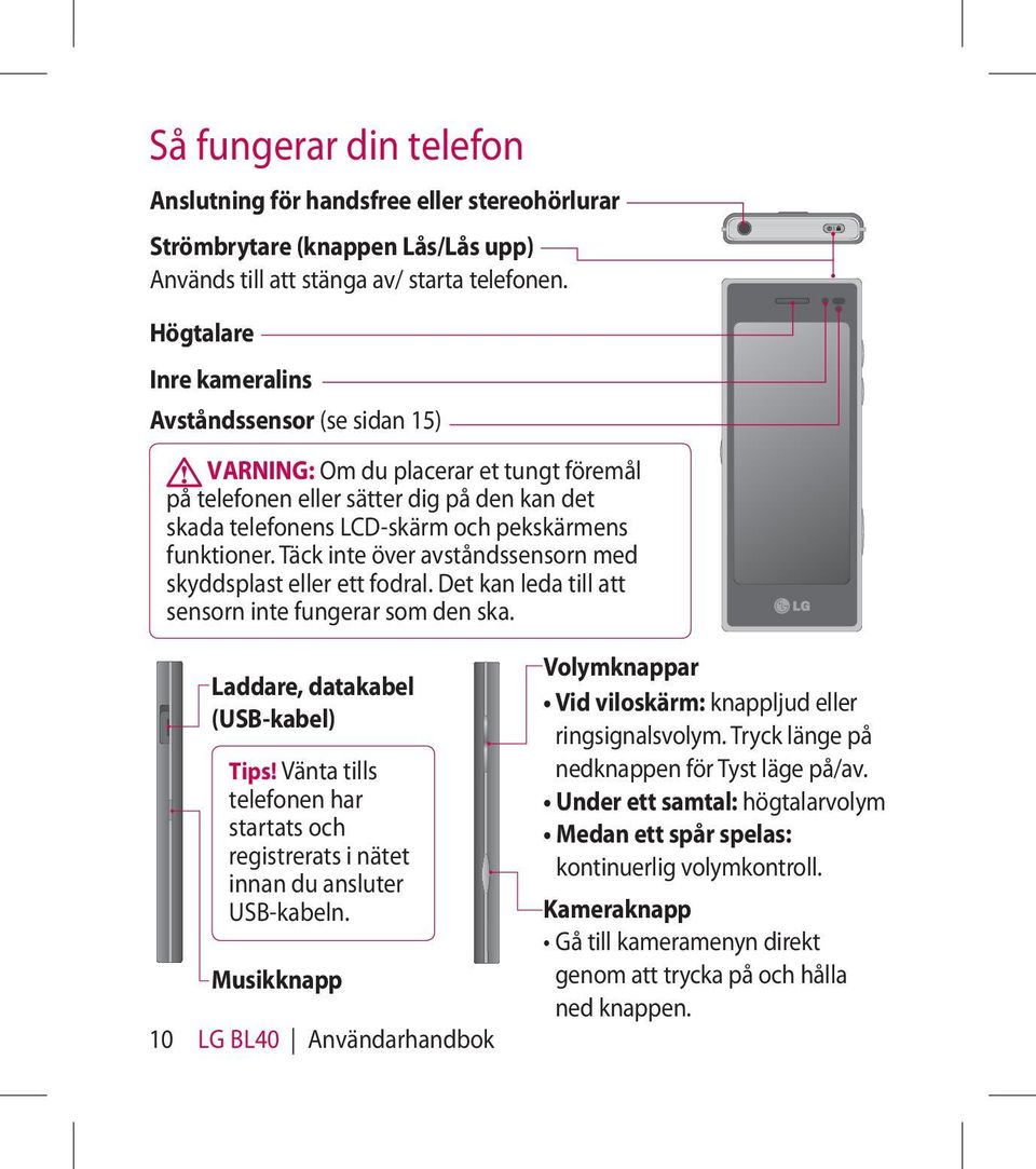 Täck inte över avståndssensorn med skyddsplast eller ett fodral. Det kan leda till att sensorn inte fungerar som den ska. Laddare, datakabel (USB-kabel) Tips!