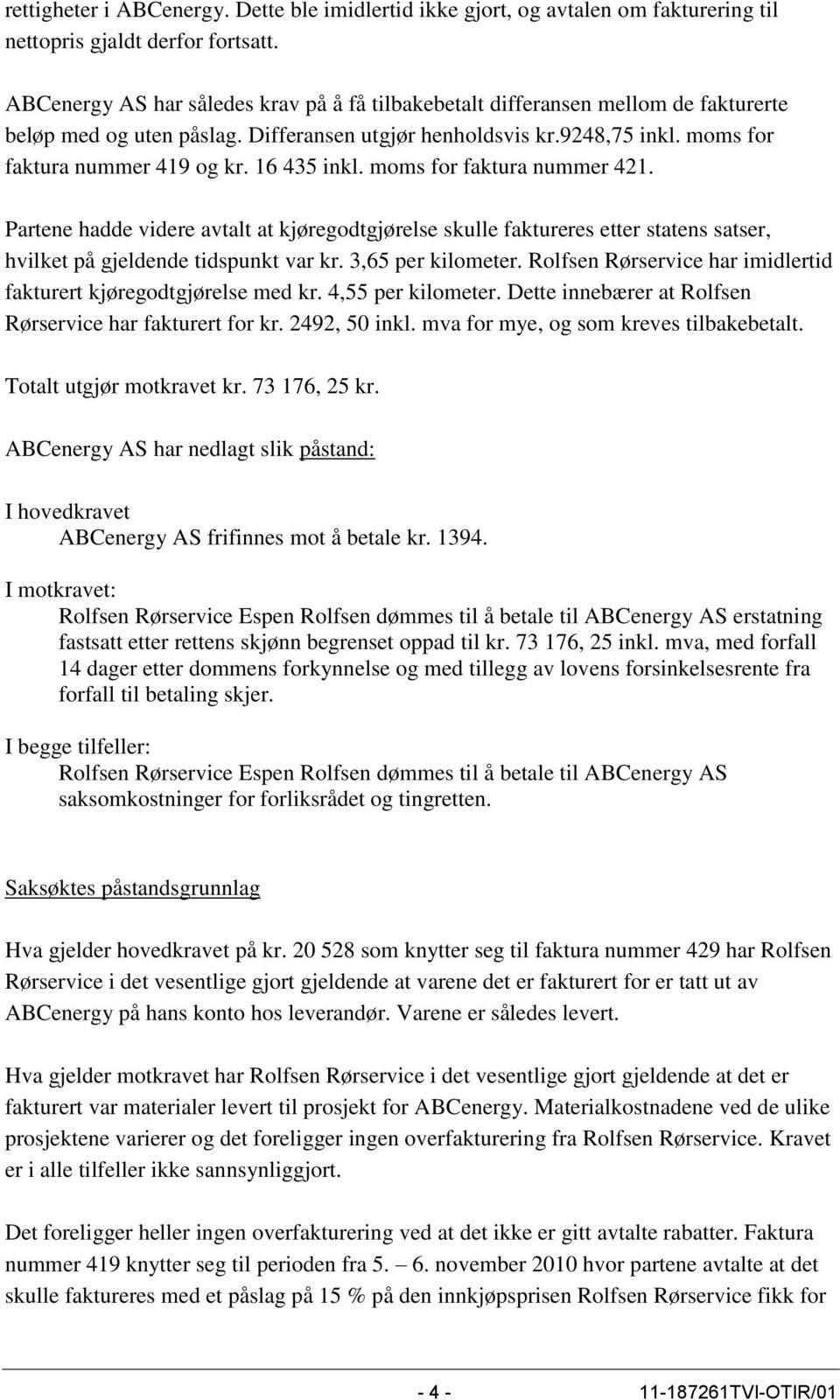 16 435 inkl. moms for faktura nummer 421. Partene hadde videre avtalt at kjøregodtgjørelse skulle faktureres etter statens satser, hvilket på gjeldende tidspunkt var kr. 3,65 per kilometer.