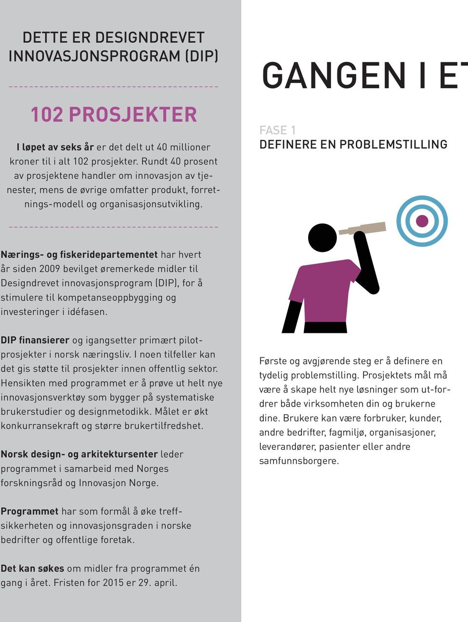 GANGEN I ET FASE 1 DEFINERE EN PROBLEMSTILLING ----------------------------------------- Nærings- og fiskeridepartementet har hvert år siden 2009 bevilget øremerkede midler til Designdrevet