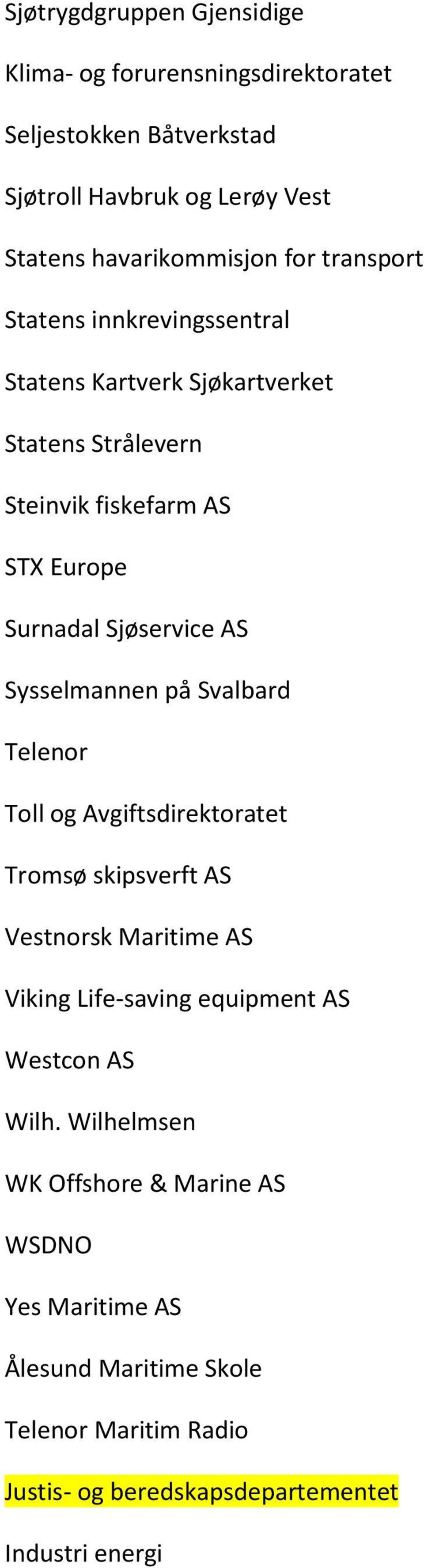 Sysselmannen på Svalbard Telenor Toll og Avgiftsdirektoratet Tromsø skipsverft AS Vestnorsk Maritime AS Viking Life-saving equipment AS Westcon AS