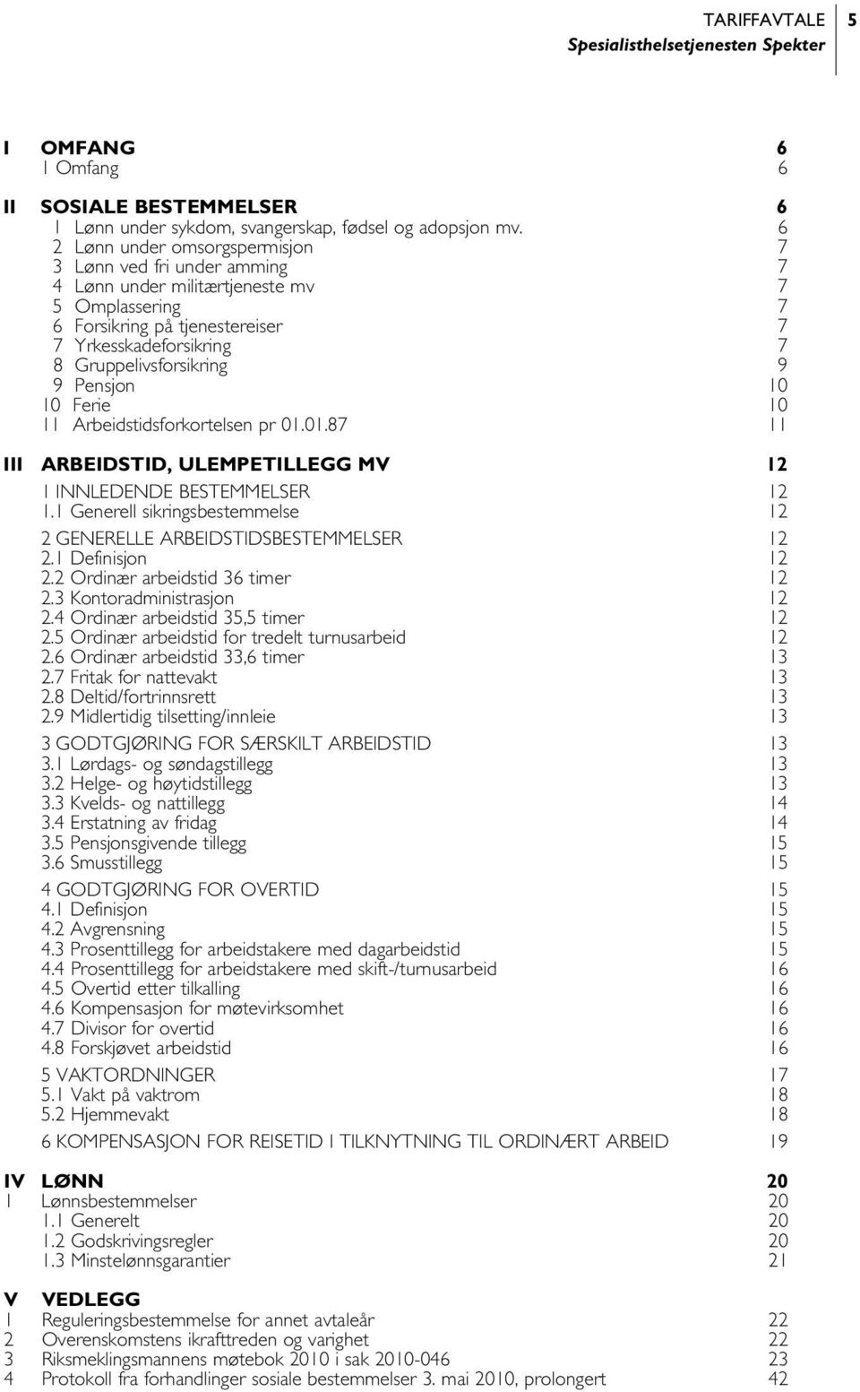 Pensjon 10 10 Ferie 10 11 Arbeidstidsforkortelsen pr 01.01.87 11 III ARBEIDSTID, ULEMPETILLEGG MV 12 1 INNLEDENDE BESTEMMELSER 12 1.