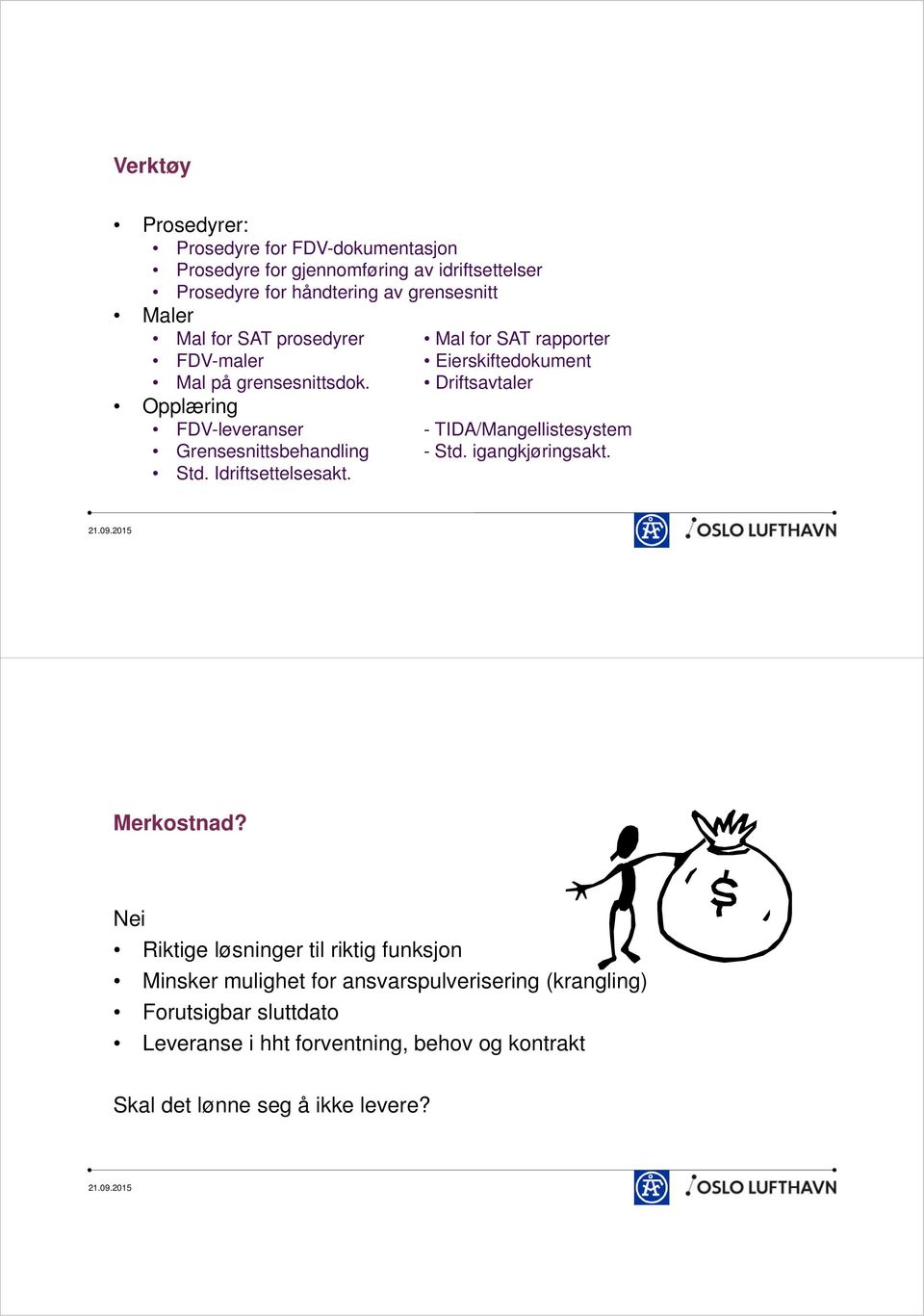 Driftsavtaler Opplæring FDV-leveranser - TIDA/Mangellistesystem Grensesnittsbehandling - Std. igangkjøringsakt. Std. Idriftsettelsesakt. Merkostnad?