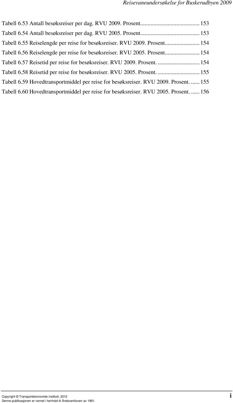 Prosent.... 154 Tabell 6.58 Reisetid per reise for besøksreiser. RVU 2005. Prosent.... 155 Tabell 6.59 Hovedtransportmiddel per reise for besøksreiser. RVU 2009.