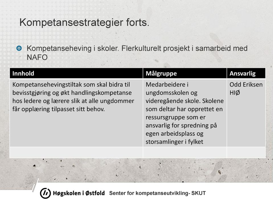 bevisstgjøring og økt handlingskompetanse hos ledere og lærere slik at alle ungdommer får opplæring tilpasset sitt behov.