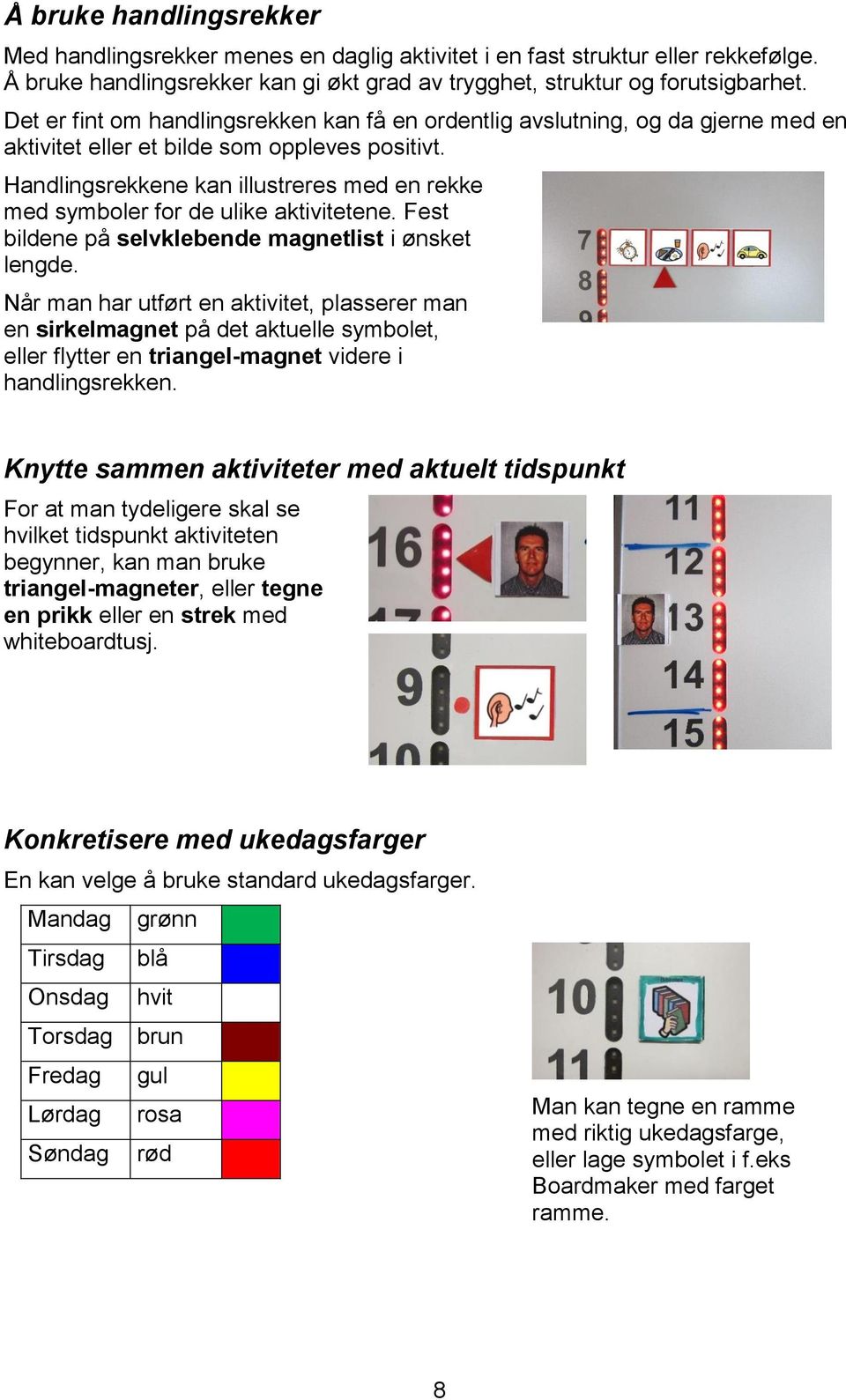 Handlingsrekkene kan illustreres med en rekke med symboler for de ulike aktivitetene. Fest bildene på selvklebende magnetlist i ønsket lengde.