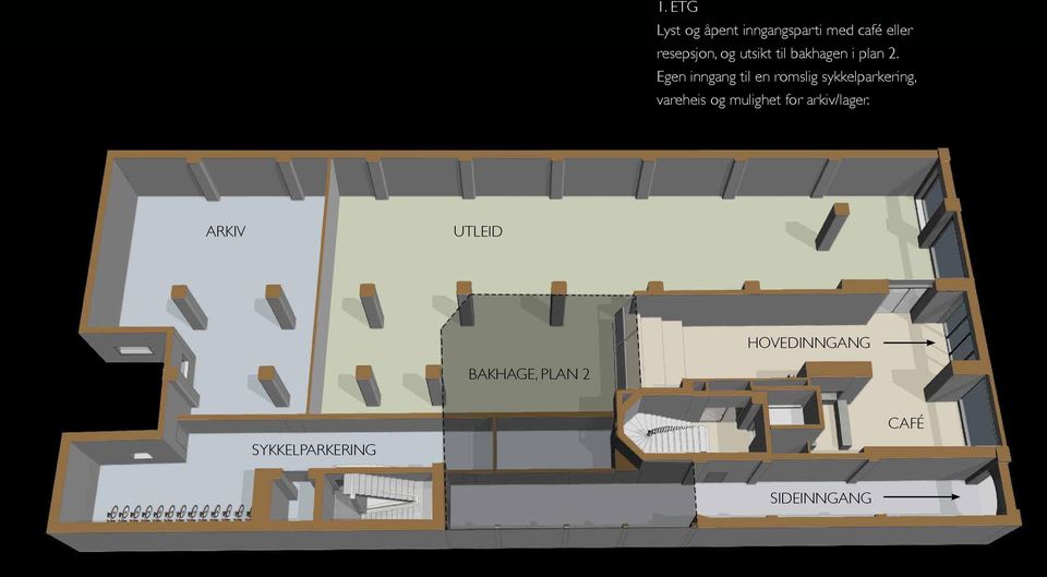 Egen inngang til en romslig sykkelparkering, vareheis og