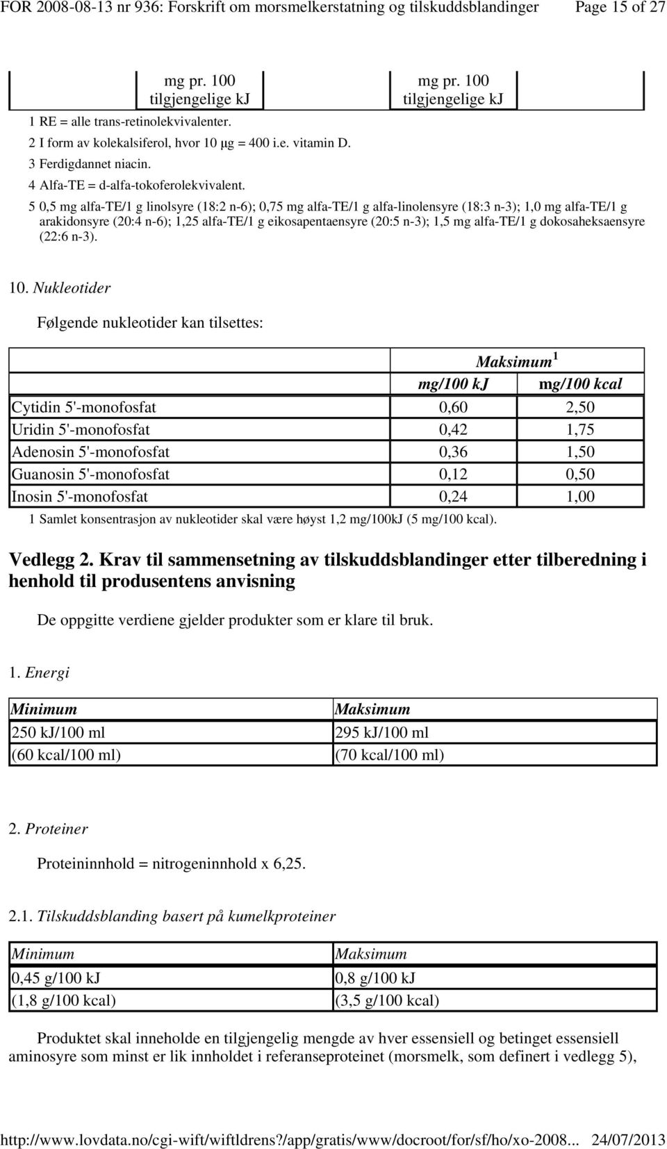 100 tilgjengelige kj 5 0,5 mg alfa-te/1 g linolsyre (18:2 n-6); 0,75 mg alfa-te/1 g alfa-linolensyre (18:3 n-3); 1,0 mg alfa-te/1 g arakidonsyre (20:4 n-6); 1,25 alfa-te/1 g eikosapentaensyre (20:5