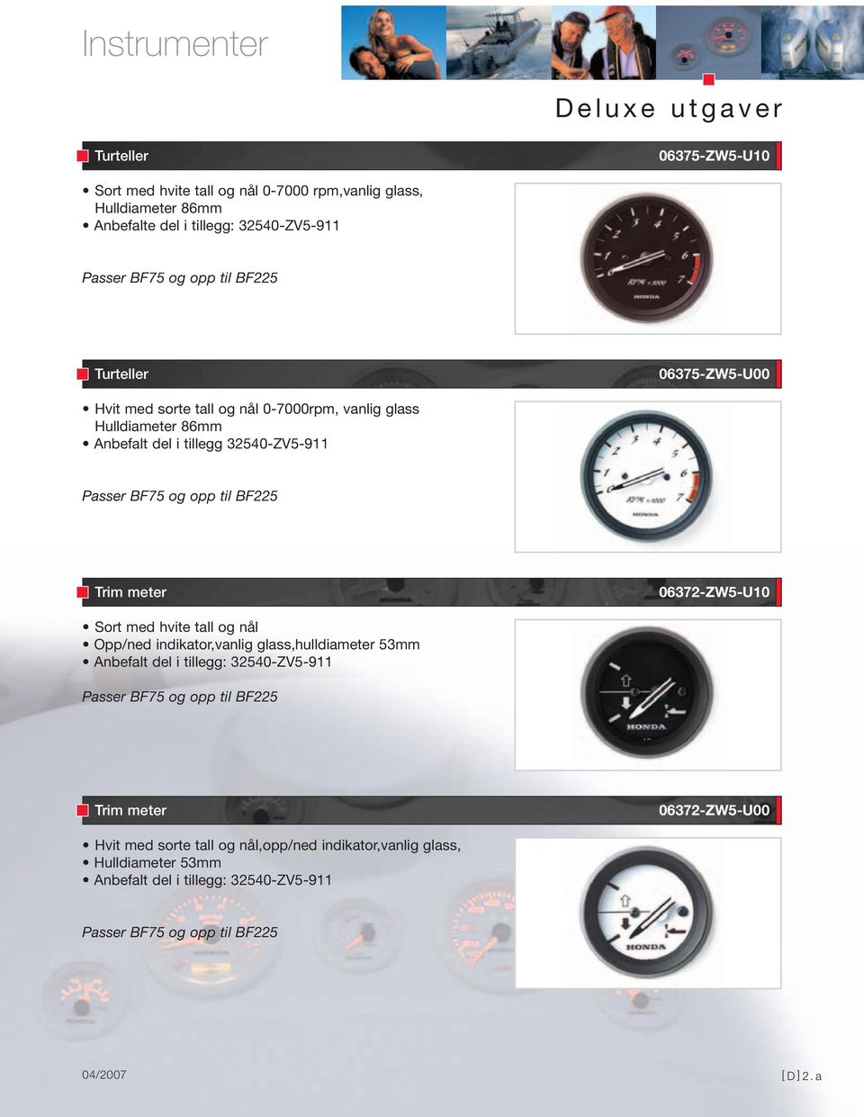 32540-ZV5-911 Trim meter 06372-ZW5-U10 Sort med hvite tall og nål Opp/ned indikator,vanlig glass,hulldiameter 53mm Anbefalt del i tillegg: