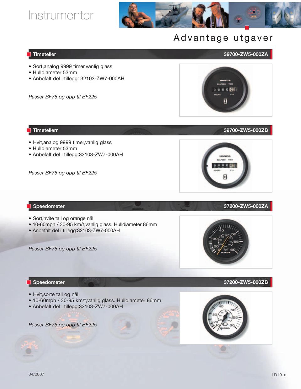 Speedometer 37200-ZW5-000ZA Sort,hvite tall og orange nål 10-60mph / 30-95 km/t,vanlig glass.