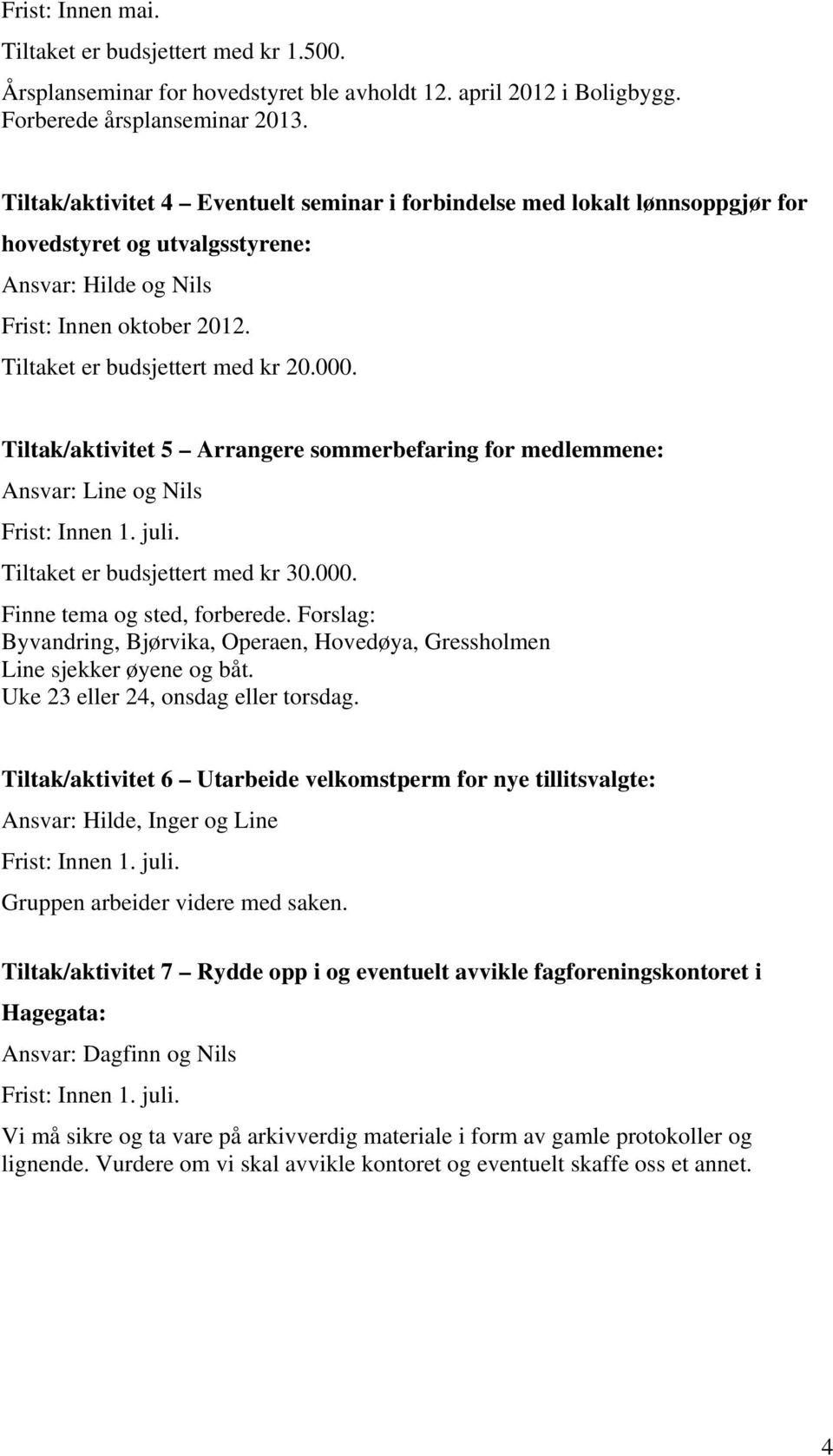 Tiltak/aktivitet 5 Arrangere sommerbefaring for medlemmene: Ansvar: Line og Nils Frist: Innen 1. juli. Tiltaket er budsjettert med kr 30.000. Finne tema og sted, forberede.