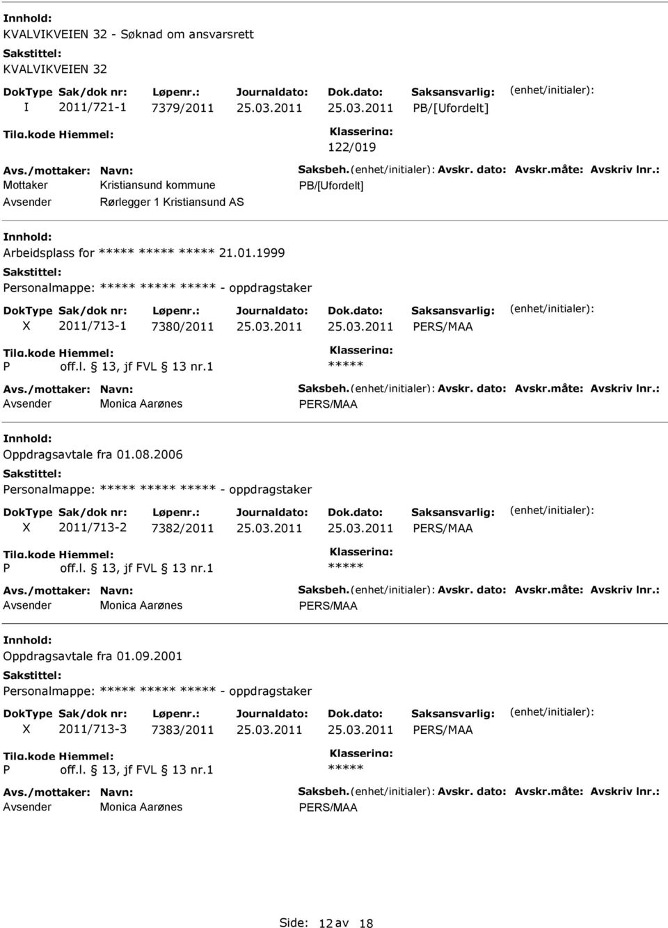 1999 ersonalmappe: - oppdragstaker 2011/713-1 7380/2011 ERS/MAA Monica Aarønes ERS/MAA Oppdragsavtale fra 01.08.