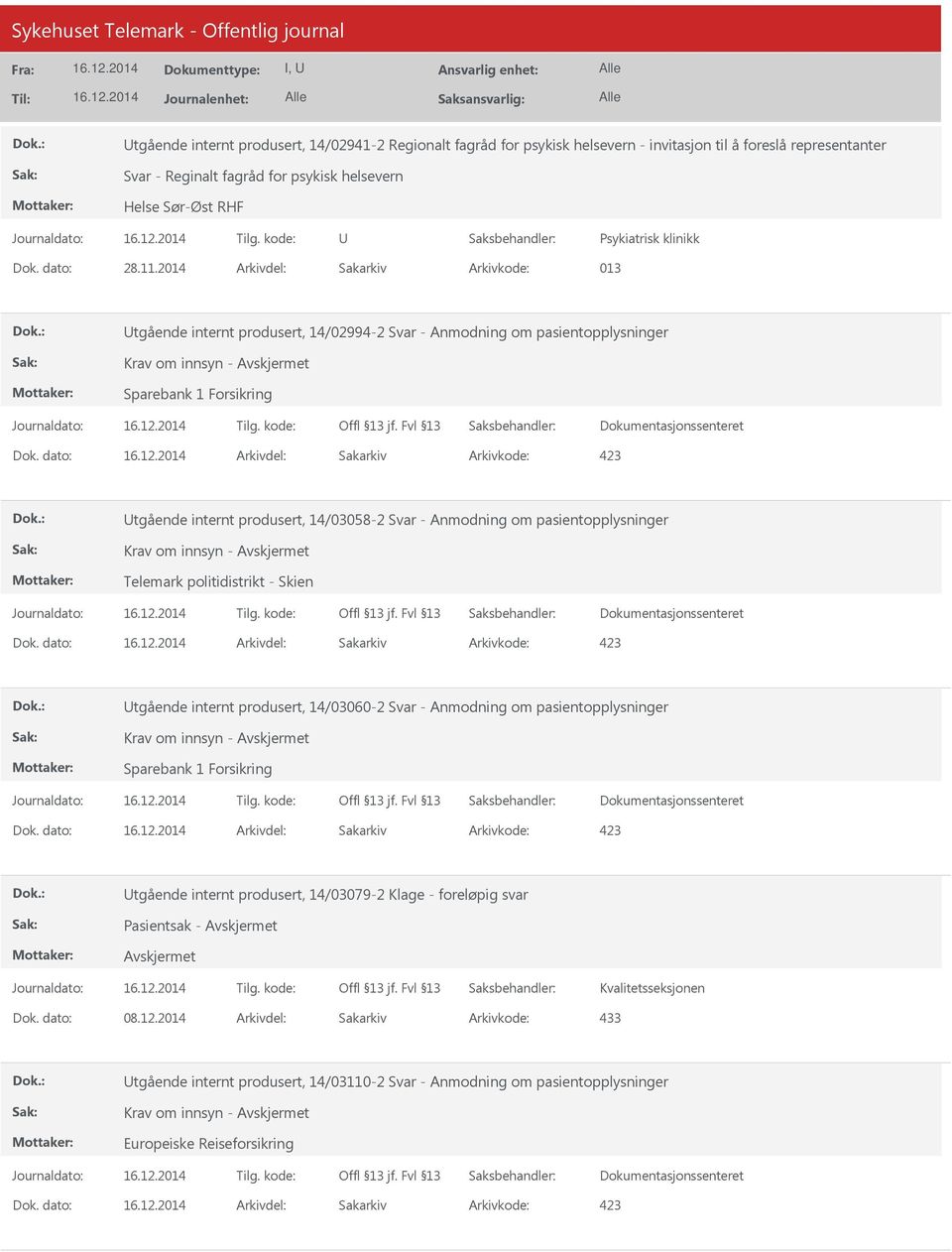 dato: Arkivdel: Sakarkiv Utgående internt produsert, 14/03058-2 Svar - Anmodning om pasientopplysninger Krav om innsyn - Dok.