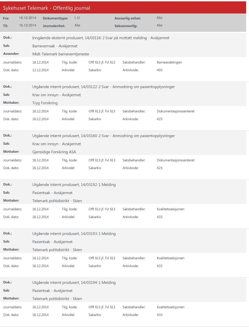 dato: Arkivdel: Sakarkiv Utgående internt produsert, 14/03160-2 Svar - Anmodning om pasientopplysninger Krav om innsyn - Gjensidige Forsikring ASA Dok.