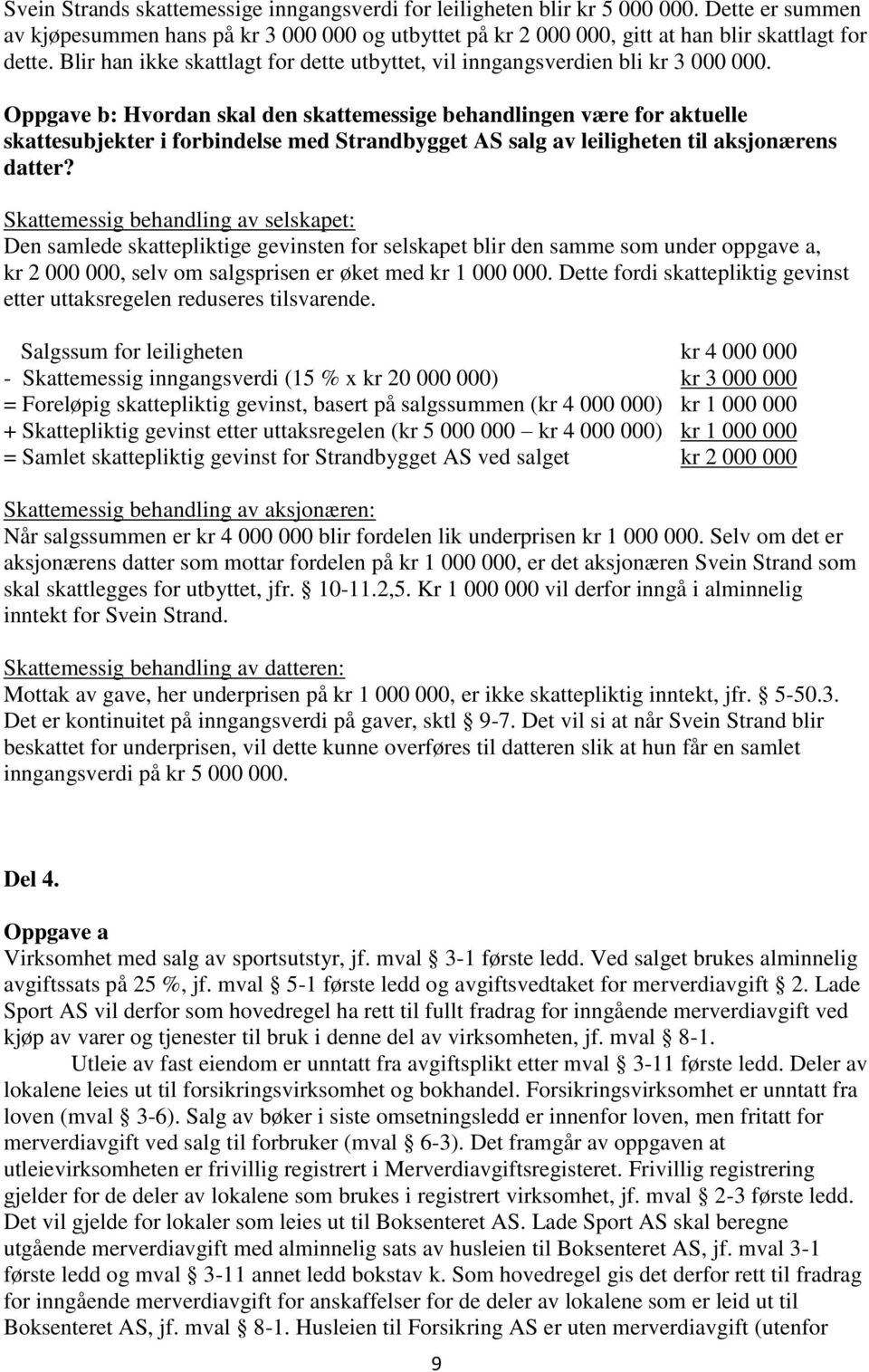 Oppgave b: Hvordan skal den skattemessige behandlingen være for aktuelle skattesubjekter i forbindelse med Strandbygget AS salg av leiligheten til aksjonærens datter?