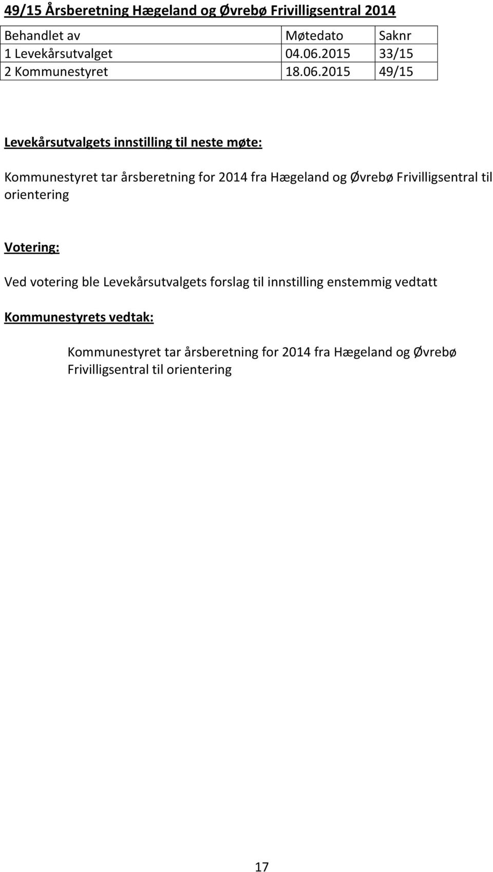 2015 49/15 Levekårsutvalgets innstilling til neste møte: Kommunestyret tar årsberetning for 2014 fra Hægeland