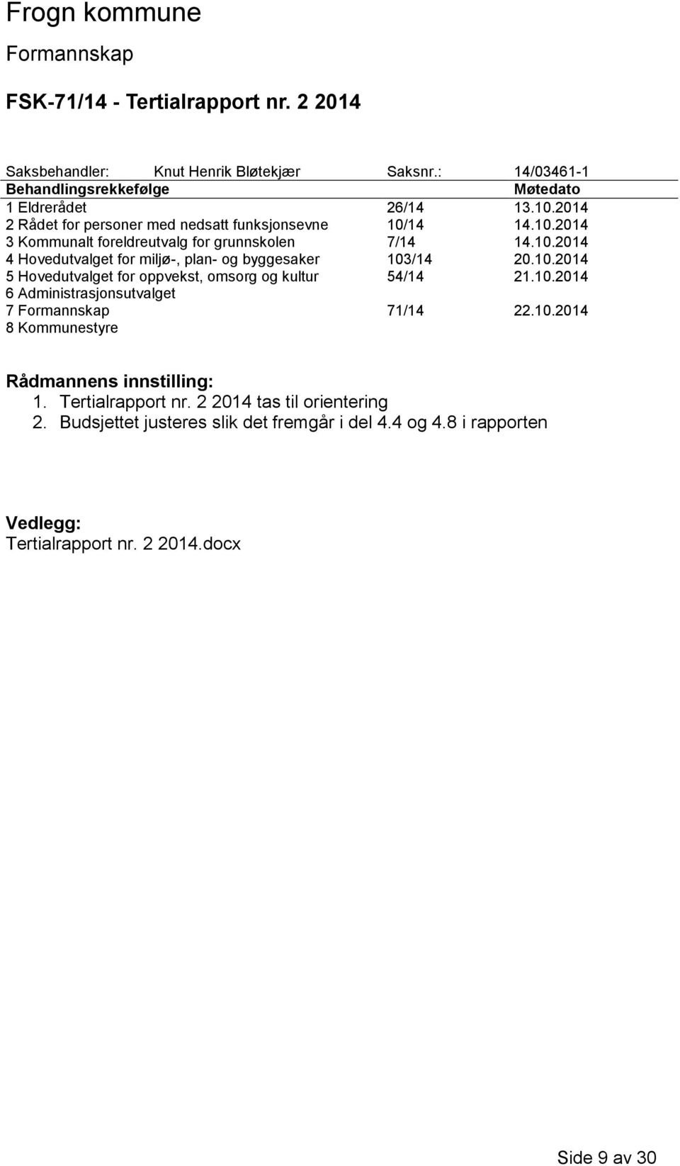 10.2014 5 Hovedutvalget for oppvekst, omsorg og kultur 54/14 21.10.2014 6 Administrasjonsutvalget 7 71/14 22.10.2014 8 Kommunestyre Rådmannens innstilling: 1.