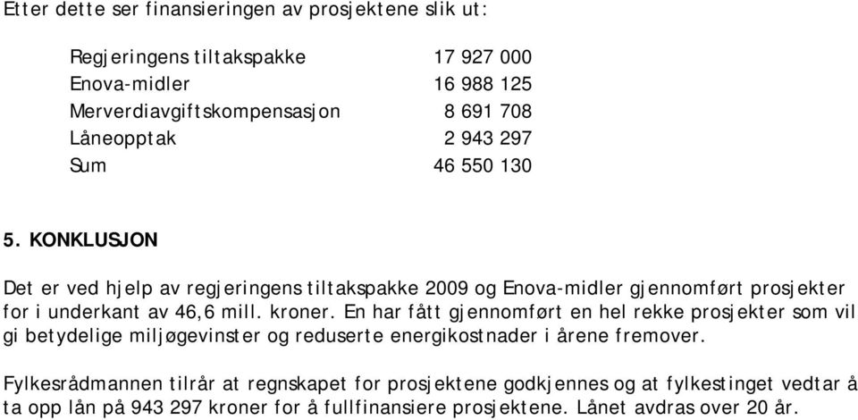 KONKLUSJON Det er ved hjelp av regjeringens tiltakspakke 2009 og Enova-midler gjennomført prosjekter for i underkant av 46,6 mill. kroner.