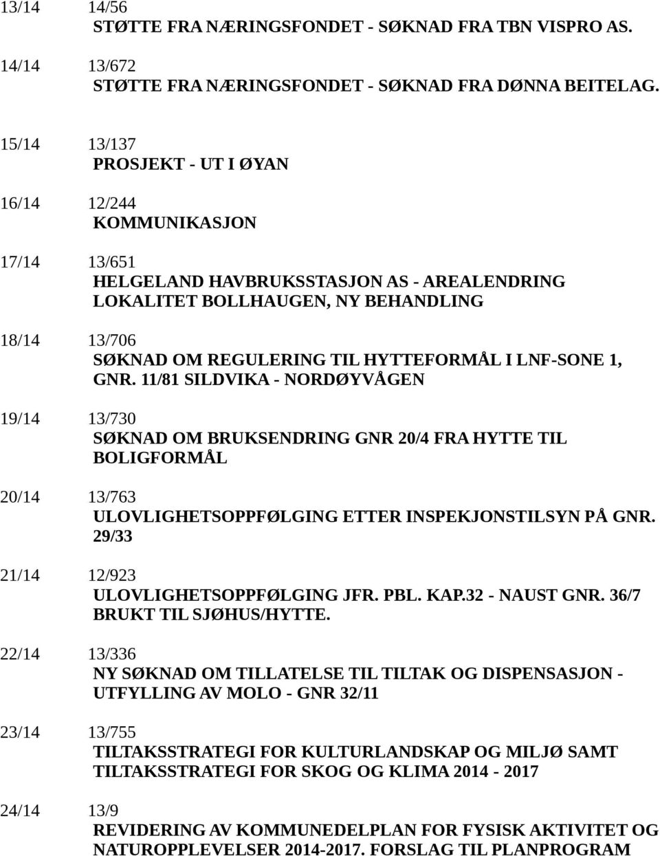 HYTTEFORMÅL I LNF-SONE 1, GNR. 11/81 SILDVIKA - NORDØYVÅGEN 19/14 13/730 SØKNAD OM BRUKSENDRING GNR 20/4 FRA HYTTE TIL BOLIGFORMÅL 20/14 13/763 ULOVLIGHETSOPPFØLGING ETTER INSPEKJONSTILSYN PÅ GNR.