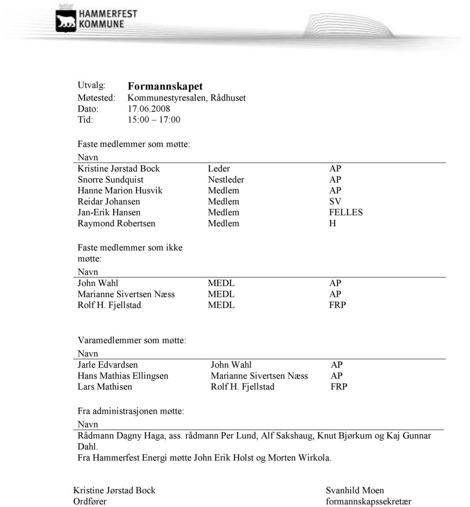 Raymond Robertsen Medlem H Faste medlemmer som ikke møtte: John Wahl MEDL AP Marianne Sivertsen Næss MEDL AP Rolf H.