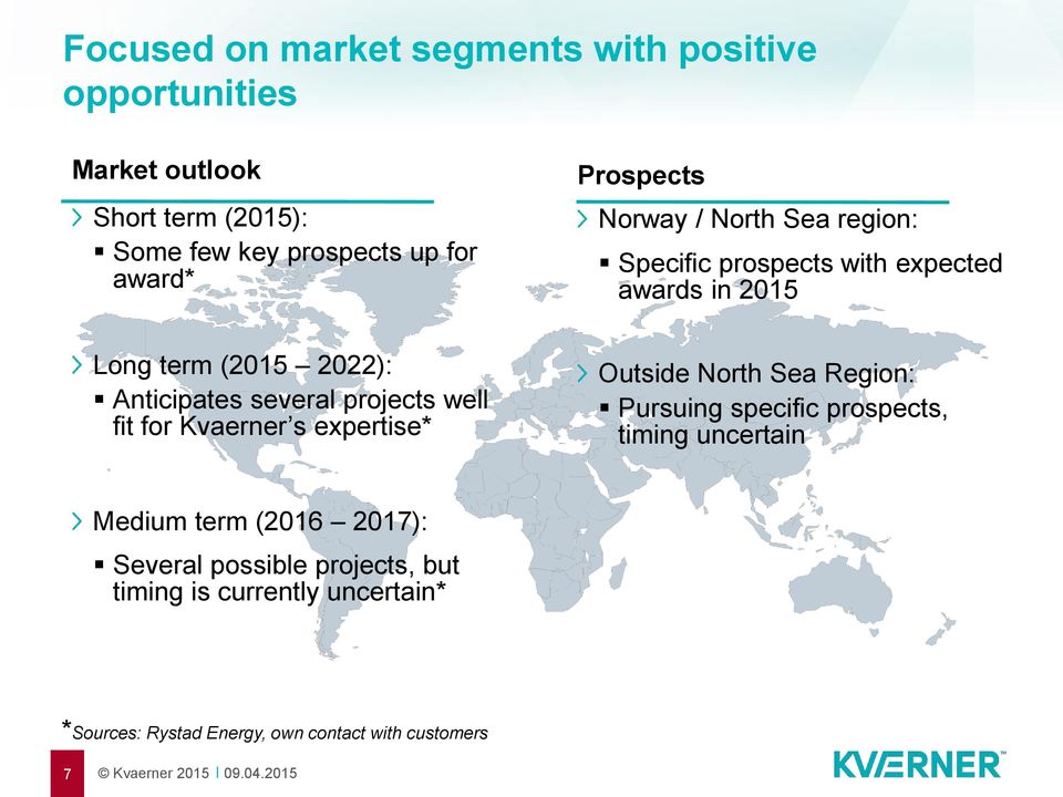 projects well fit for Kvaerner s expertise* Outside North Sea Region: Pursuing specific prospects, timing uncertain Medium term