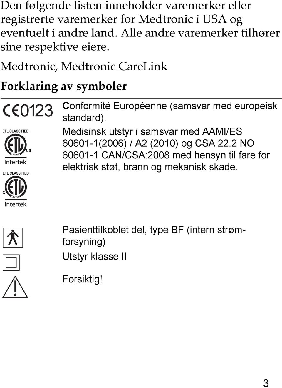 Medtronic, Medtronic CareLink Forklaring av symboler Conformité Européenne (samsvar med europeisk standard).