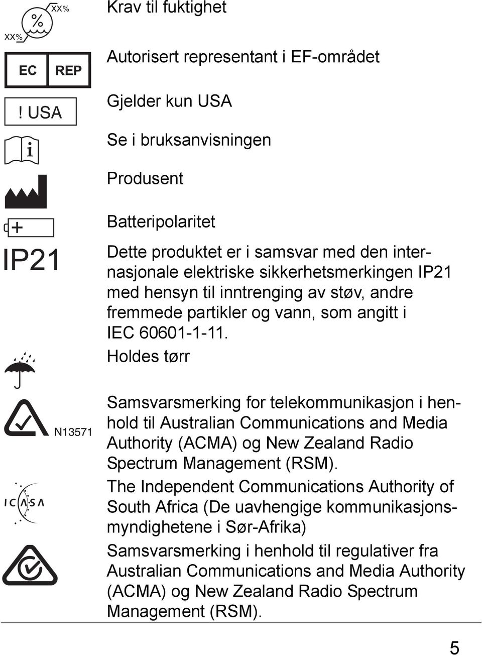 Holdes tørr Samsvarsmerking for telekommunikasjon i henhold til Australian Communications and Media Authority (ACMA) og New Zealand Radio Spectrum Management (RSM).