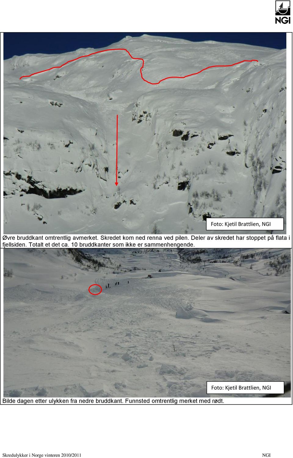 Deler av skredet har stoppet på flata i fjellsiden. Totalt et det ca.