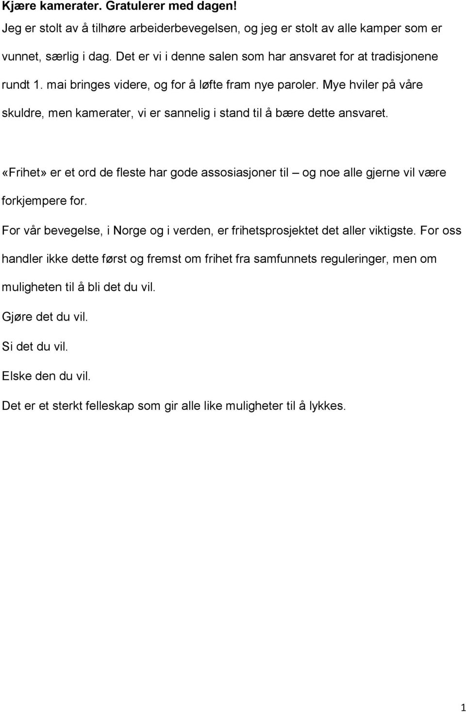 Mye hviler på våre skuldre, men kamerater, vi er sannelig i stand til å bære dette ansvaret. «Frihet» er et ord de fleste har gode assosiasjoner til og noe alle gjerne vil være forkjempere for.