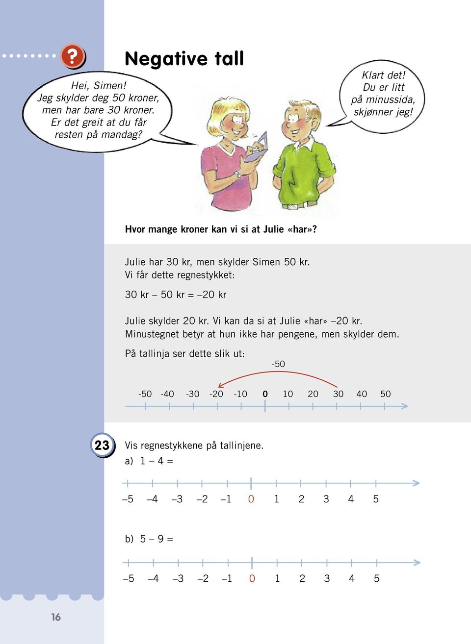Vi får dette regnestykket: 30 kr 50 kr = 20 kr Julie skylder 20 kr. Vi kn d si t Julie «hr» 20 kr.