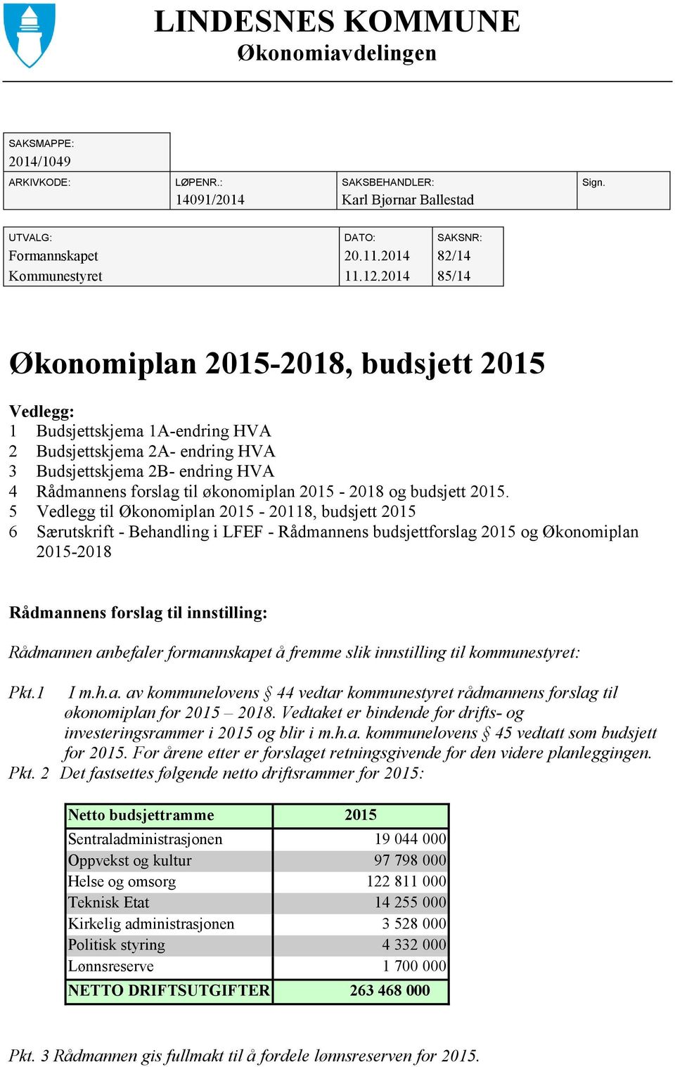 2014 85/14 Økonomiplan 2015-2018, budsjett 2015 Vedlegg: 1 Budsjettskjema 1A-endring HVA 2 Budsjettskjema 2A- endring HVA 3 Budsjettskjema 2B- endring HVA 4 Rådmannens forslag til økonomiplan