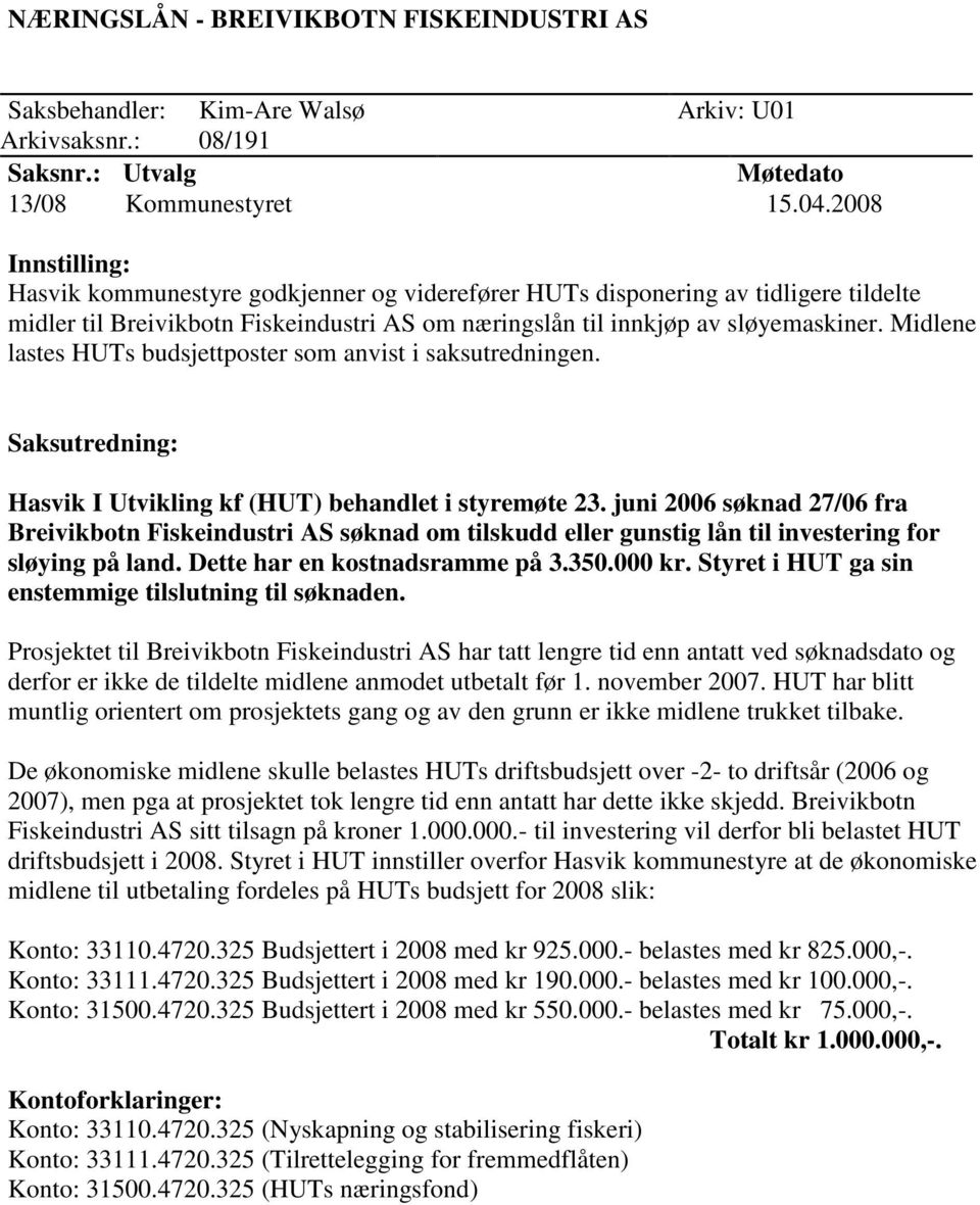 Midlene lastes HUTs budsjettposter som anvist i saksutredningen. Saksutredning: Hasvik I Utvikling kf (HUT) behandlet i styremøte 23.