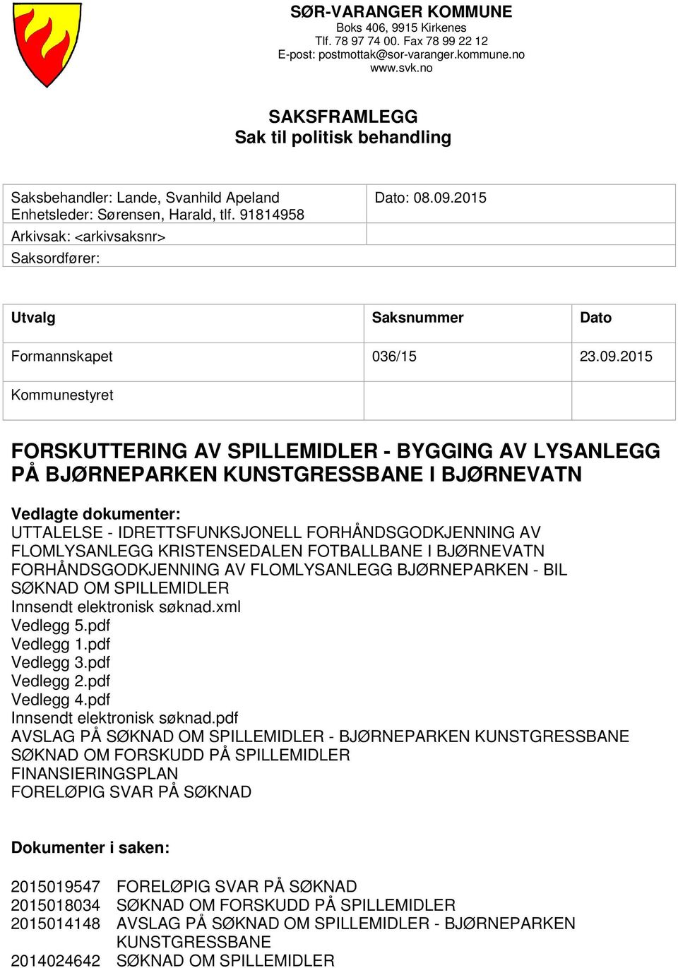 2015 Utvalg Saksnummer Dato Formannskapet 036/15 23.09.